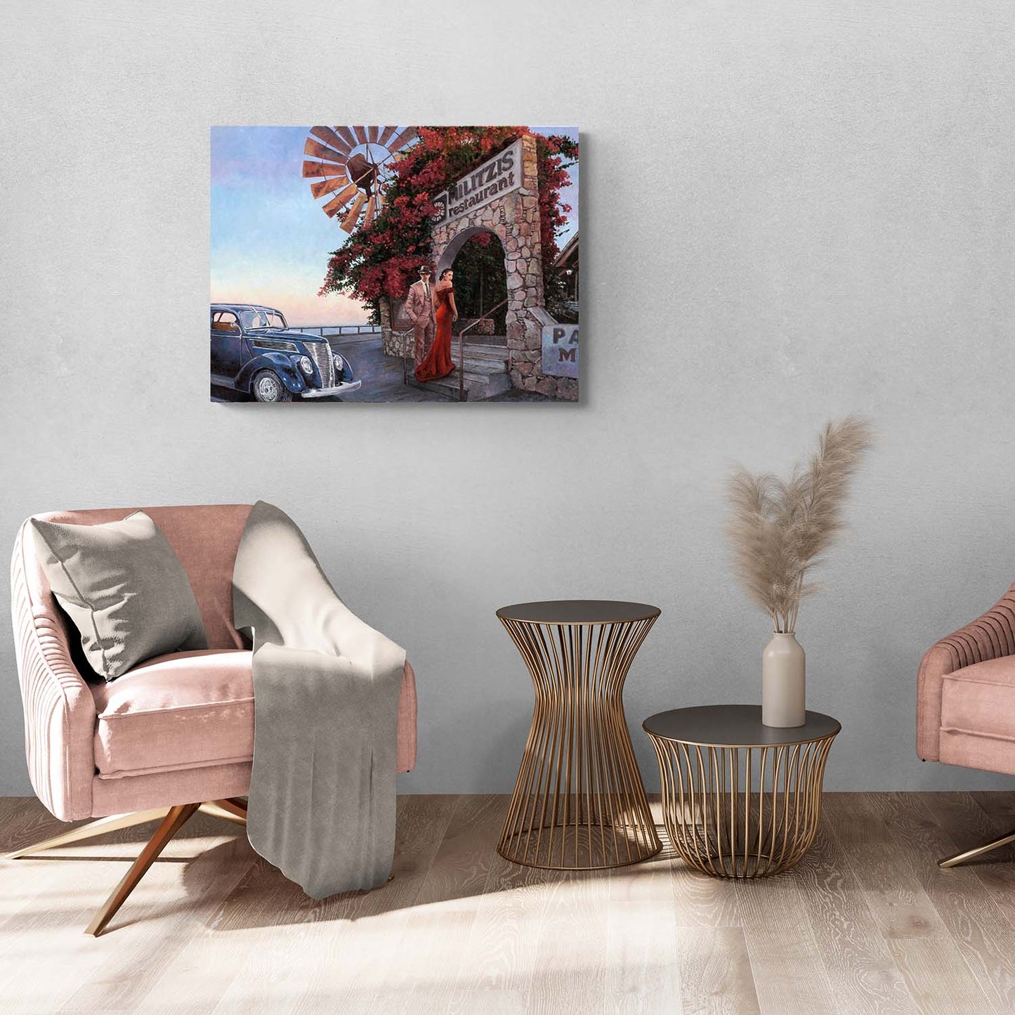 Canvas Print of a Restaurant oil painting by Theo Michael titled Militzis The Sunset Proposal