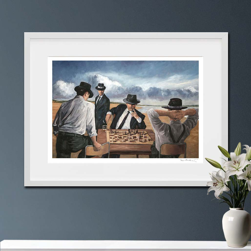 Chess Painting by the beach by Theo Michael, titled The Chess Players