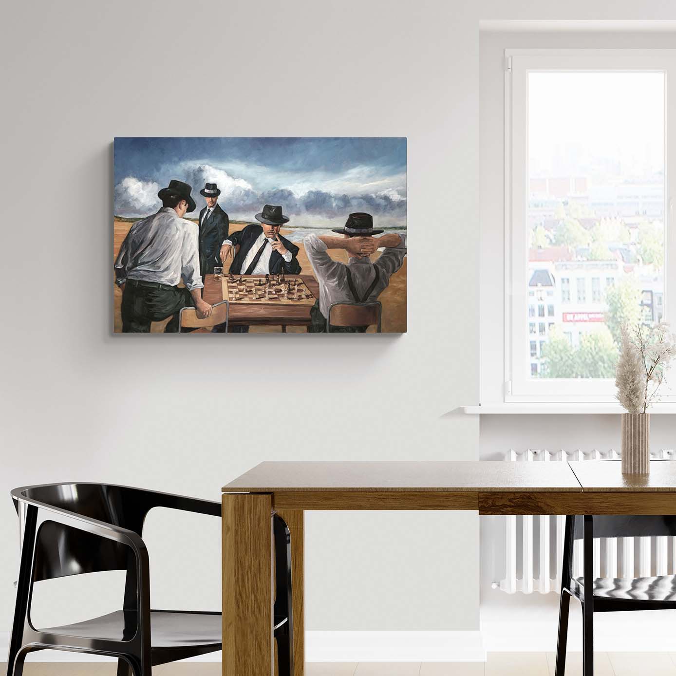 Chess Painting by the beach by Theo Michael, titled The Chess Players. A Canvas Print for your home.