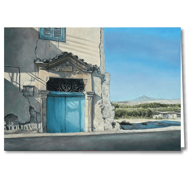 Designer Greeting Card after the oil painting Stavrovouni A Mediterranean Blue Door by Theo Michael