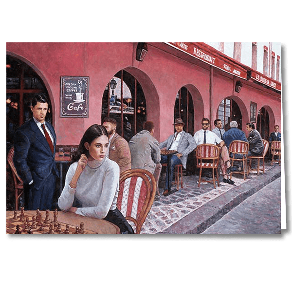 Designer Greeting Card after the oil painting The Chess Cafe by Theo Michael