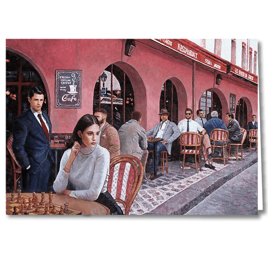 Designer Greeting Card after the oil painting The Chess Cafe by Theo Michael