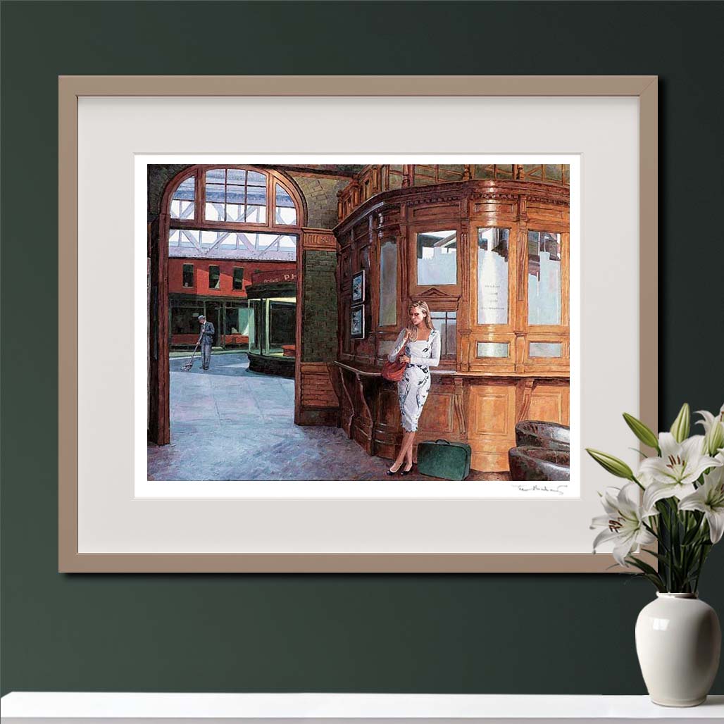 Edward Hopper style painting by Theo Michael titled The Ticket Office. A fine art print inspired by Hopper's painting Nighthawks