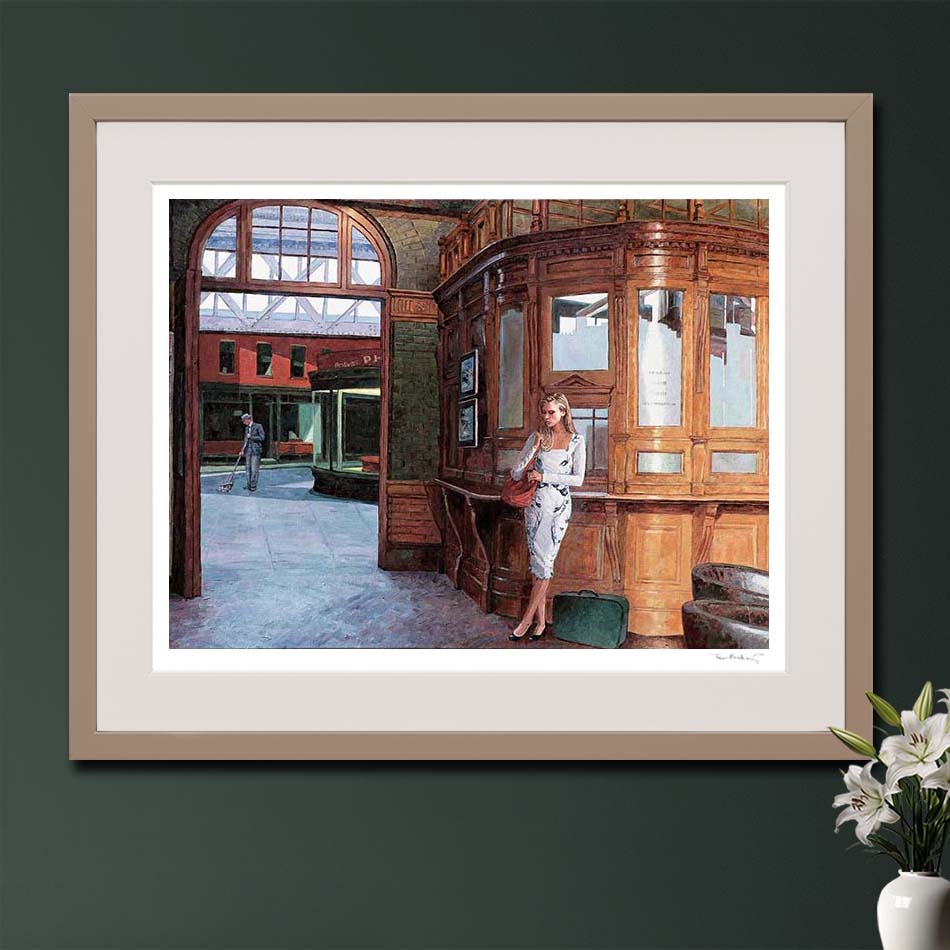 Fine Art Print inspired by Edward Hopper's painting Nighthawks. A painting by Theo Michael titled Homage to Edward Hopper The Ticket Office Windsor
