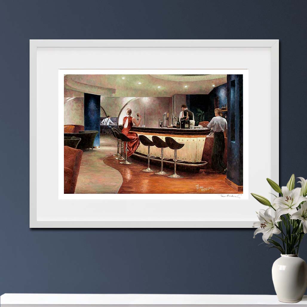 Fine Art Print bar painting, Alone At The Bar. Decorate Your Spaces with Captivating Art by Theo Michael: Canvas Art and Fine Art Prints