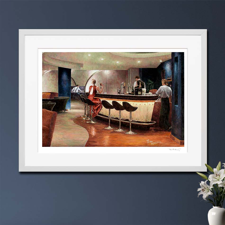 Fine Art Print bar painting, Alone At The Bar. Decorate Your Spaces with Captivating Art by Theo Michael: Canvas Art and Fine Art Prints to fall in love with