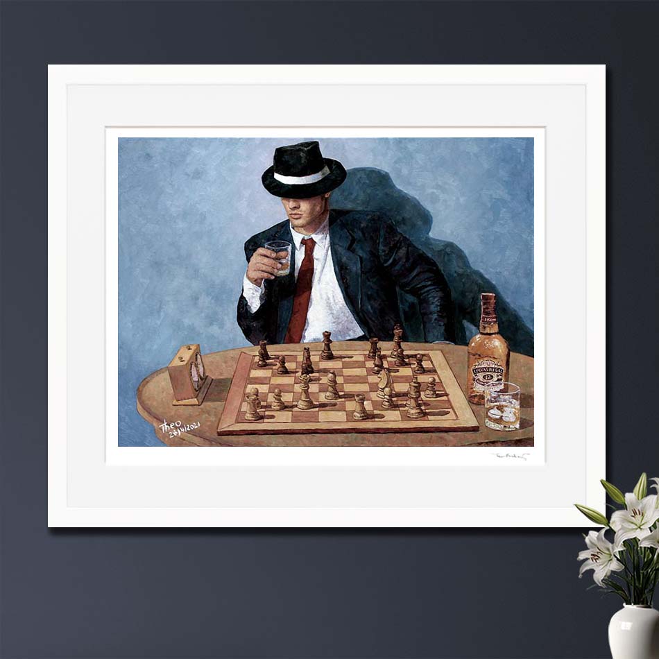 Fine Art Print of a chess painting titled Make Your Move by Theo Michael with a bottle of Chivas Regal on the table