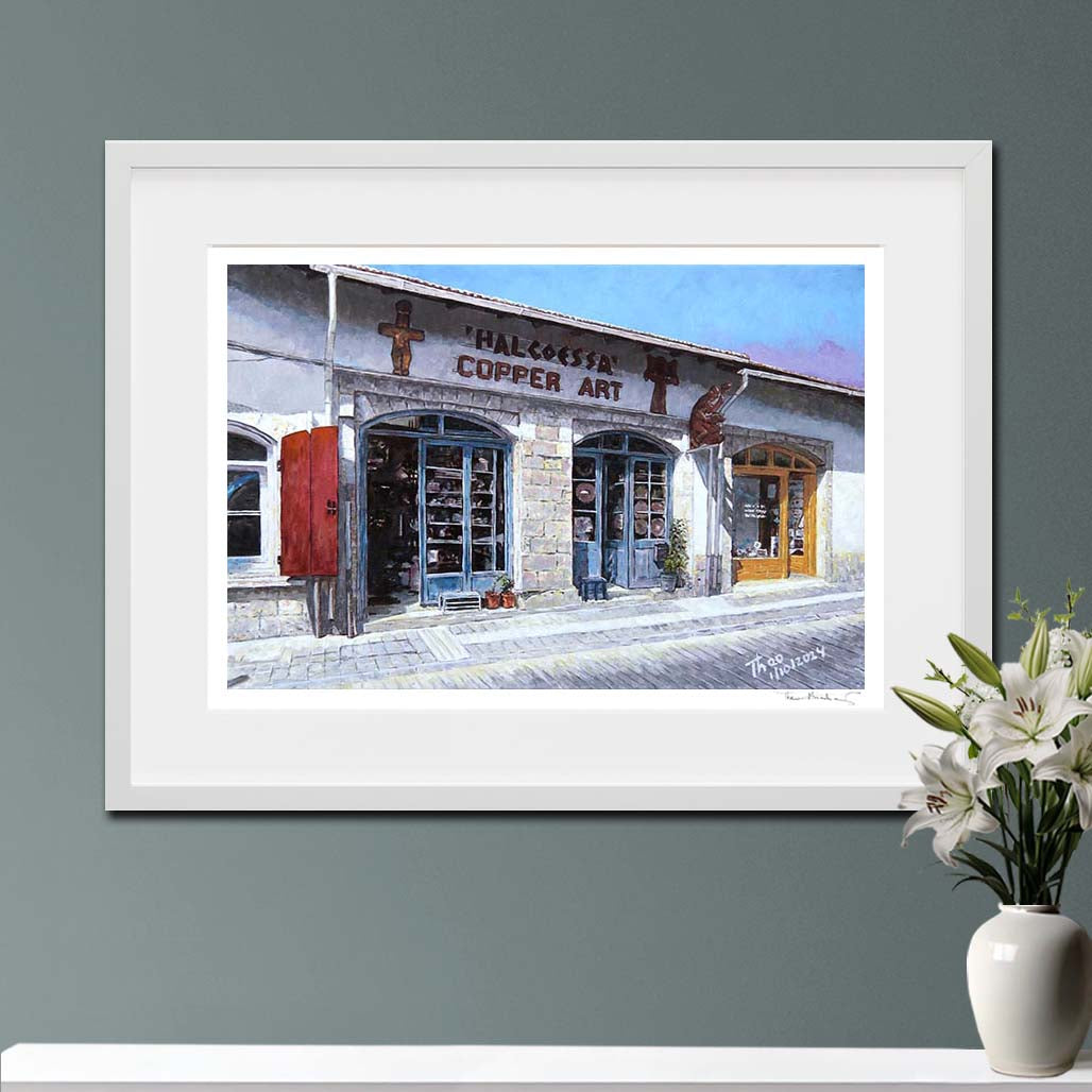 Fine Art print of The Copper Art shop in Larnaca, Cyprus after the original oil painting by Theo Michael