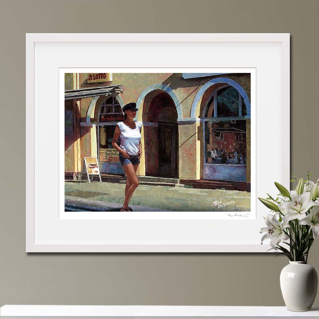 Edward Hopper style Fine Art Print Daydreamer by Theo Michael, a young girl in a tshirt and denim shorts walking down the street