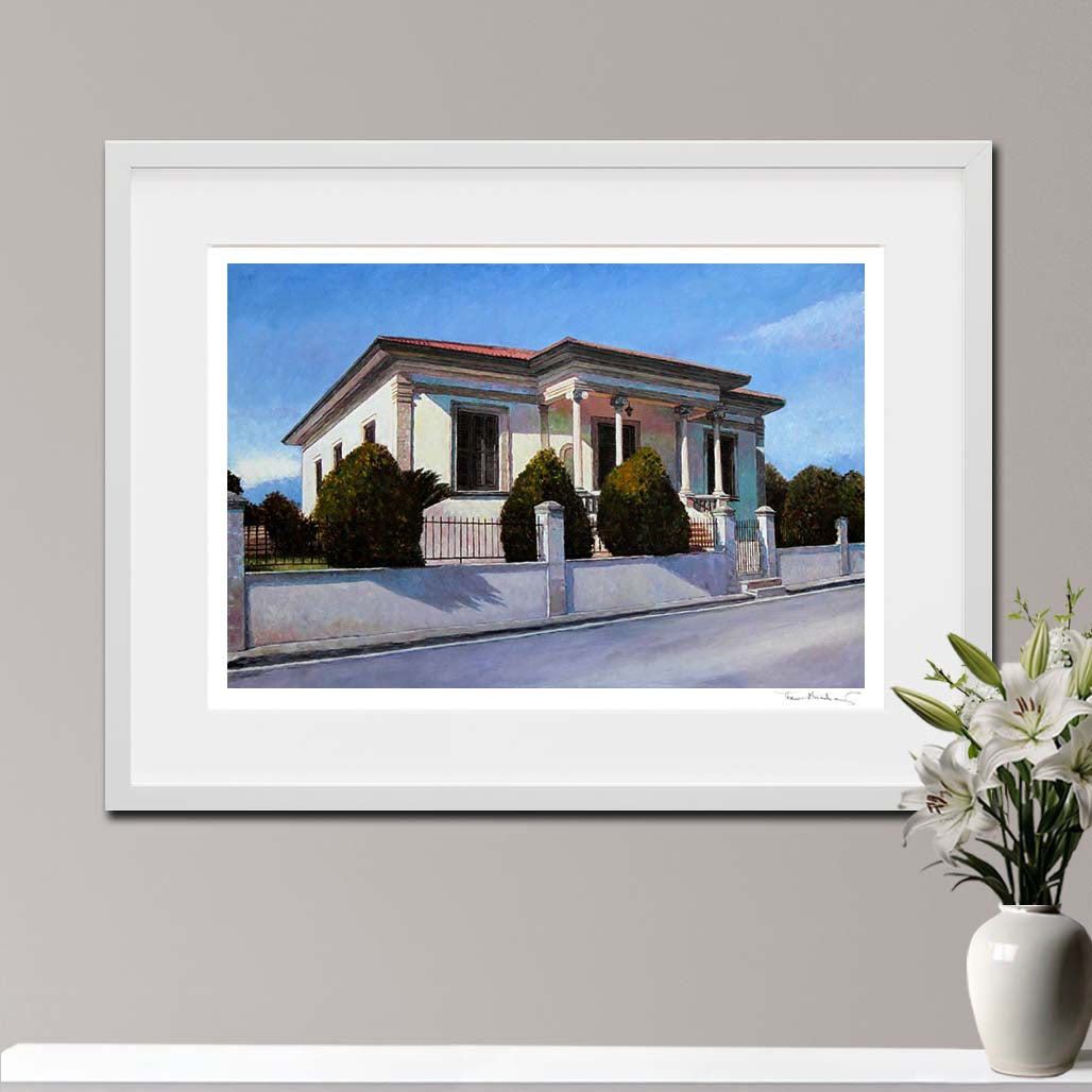 Fine art print of a beautiful Mediterranean mansion lit by summer sunshine. After an original oil painting by Theo Michael titled House In Summer Light.