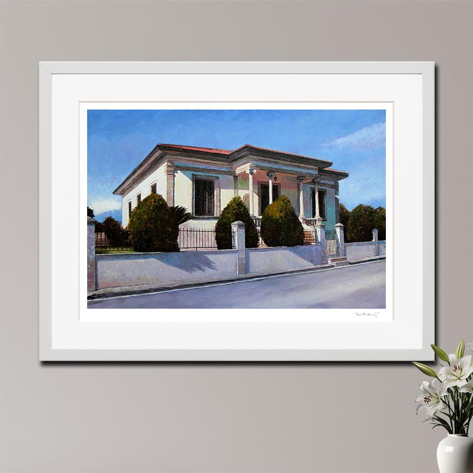 Fine art print of an imposing Mediterranean mansion lit by summer sunshine. After an original oil painting by Theo Michael titled House In Summer Light.