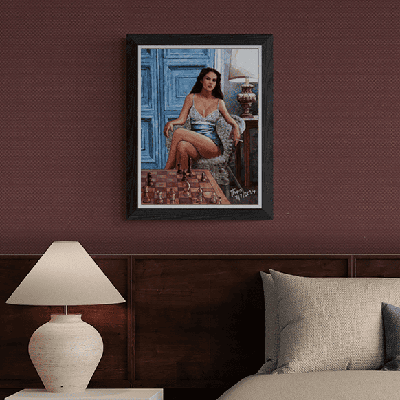 Pin Up Fine art print Chess painting by Theo Michael, a woman sitting provocatively on a wicker chair playing a game of chess