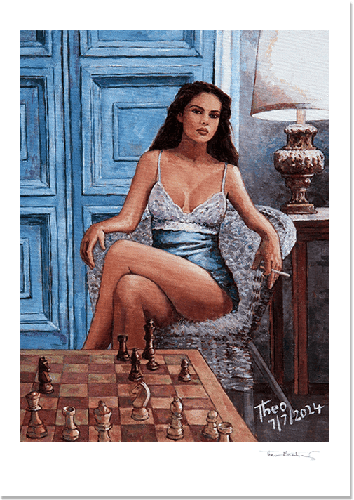 Art Print Pin Up Chess painting by Theo Michael, a woman sitting provocatively on a wicker chair playing a game of chess