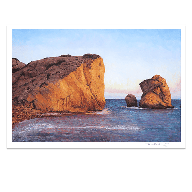 Hand signed Fine Art Print of Petra Tou Romiou in Cyprus, after an oil painting by Theo Michael. A stunning Rock formation which is known as the birth place of Aphrodite.