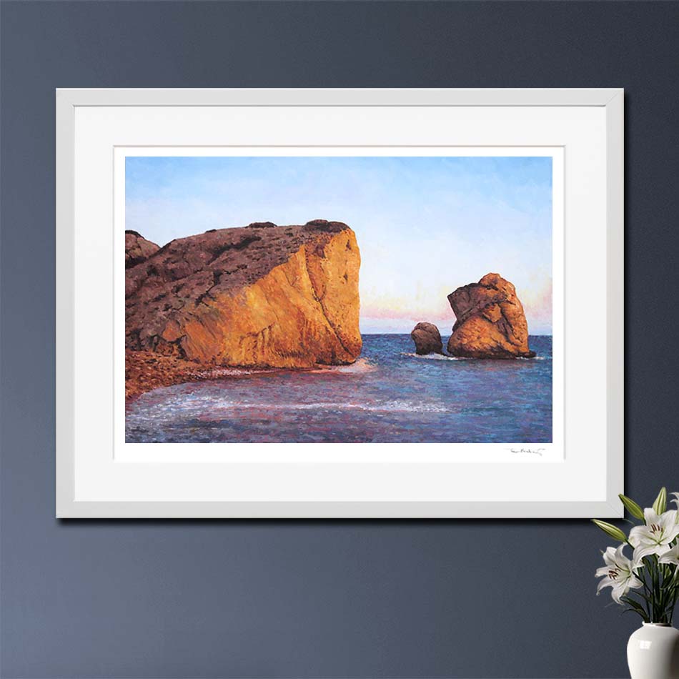 Fine Art Print of Petra Tou Romiou in Cyprus, after an oil painting by Theo Michael. A stunning Rock formation which is known as the birth place of Aphrodite.