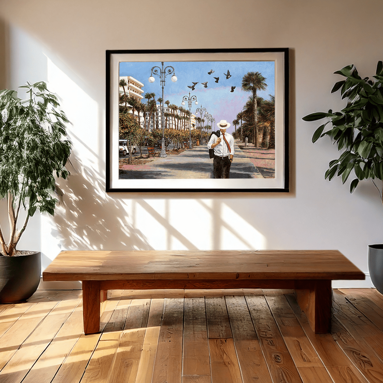 Framed print of a man walking down a palm tree-lined street with birds flying above, on the seafront promenade in Larnaca Cyprus. An oil painting by Theo Michael.