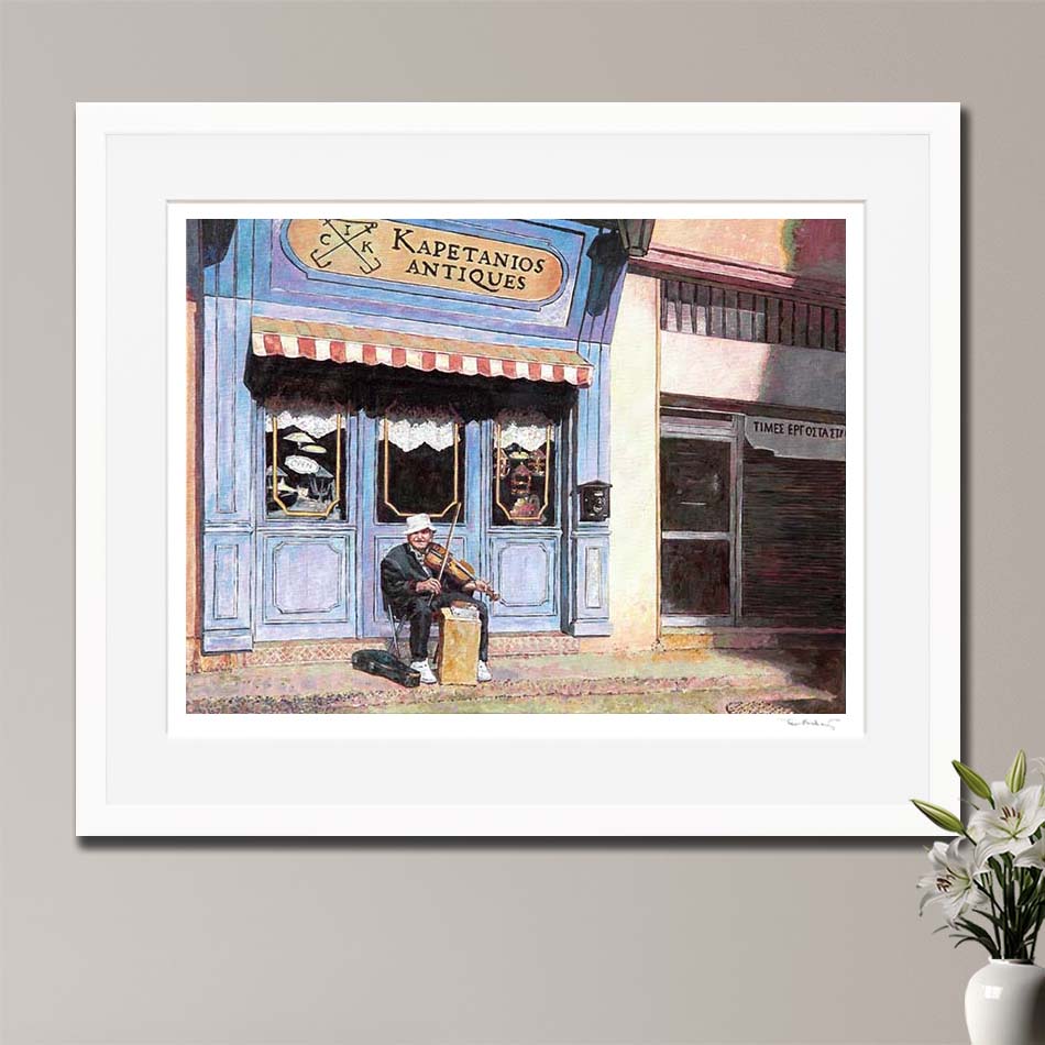 Fine Art Print The Antique Store by Theo Michael featuring an elderly man playing the violin outside an antique shop in Larnaca.