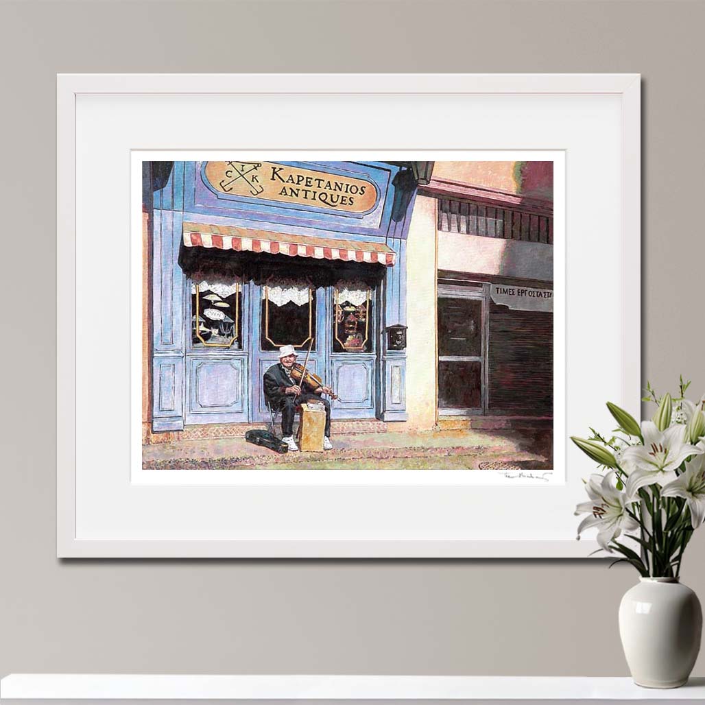Fine Art Print The Antique Store by Theo Michael featuring an elderly man playing the violin outside an antique shop in Larnaca Cyprus.