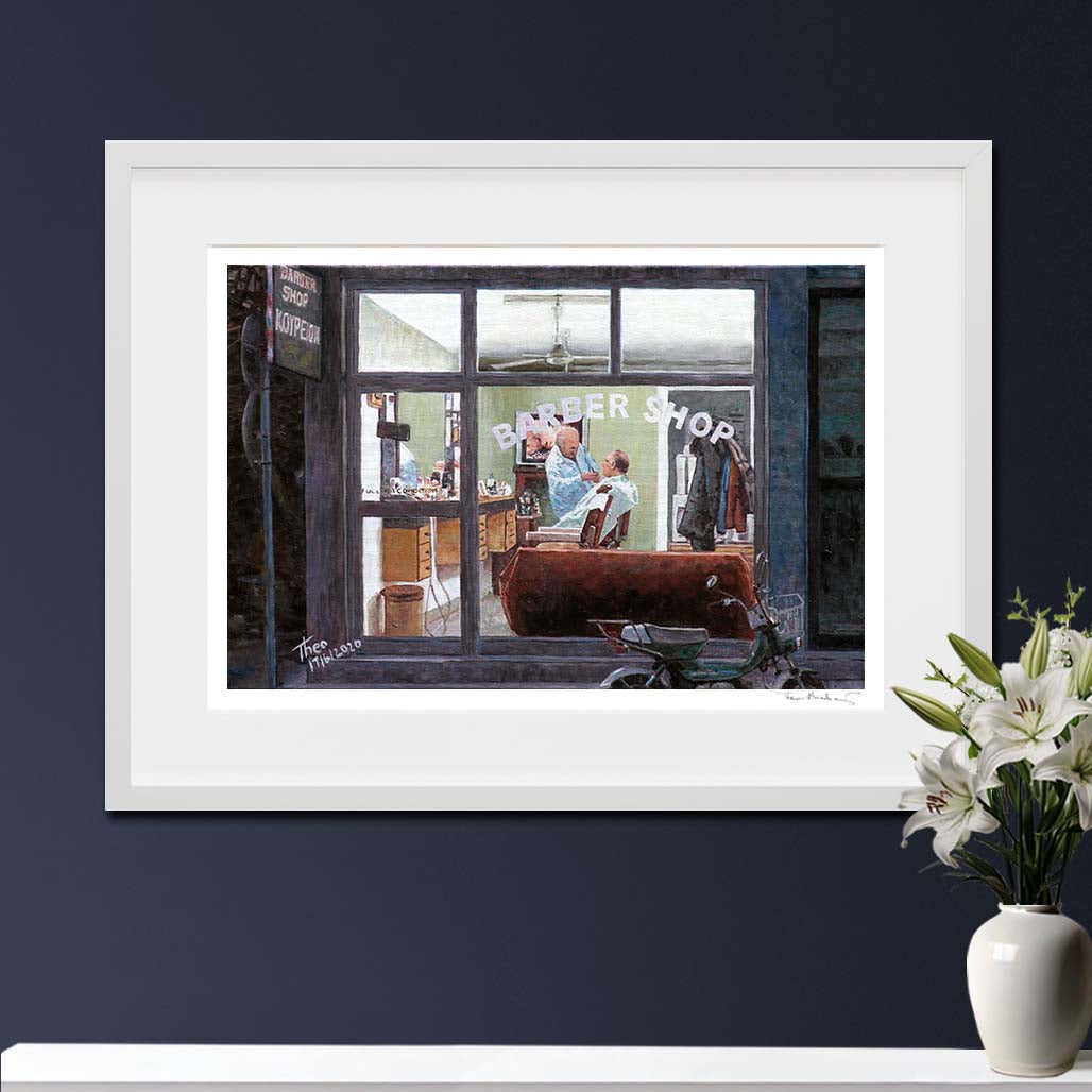 Edward Hopper style Fine Art Print by Theo Michael titled The Barber Shop featuring a traditional barber at his craft