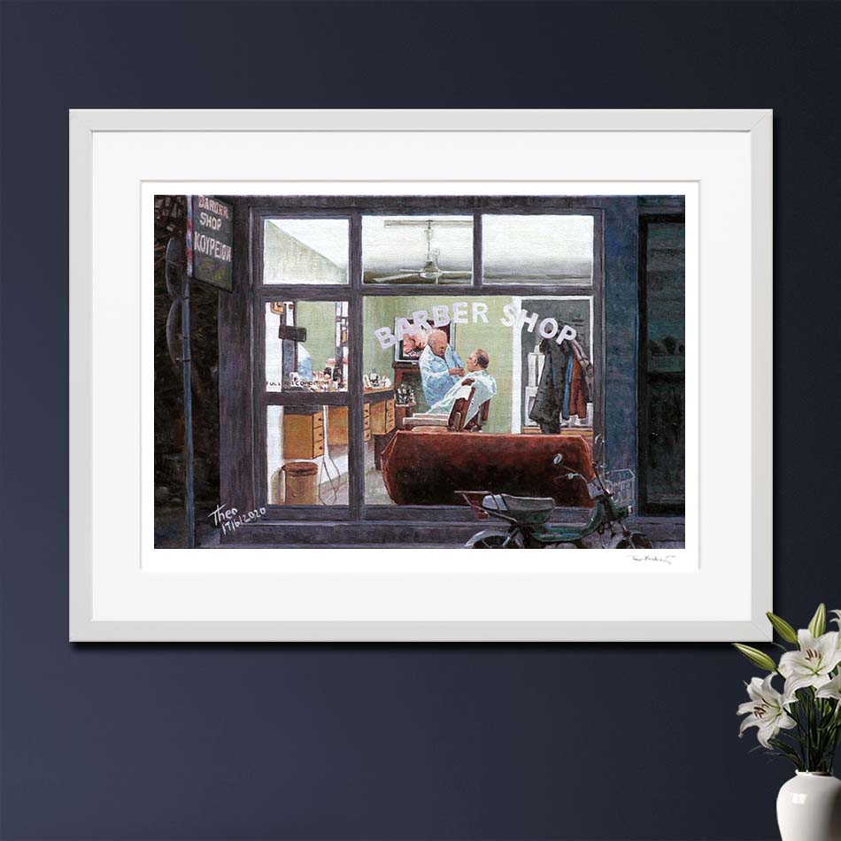 Fine Art Print of an Edward Hopper style painting by Theo Michael titled The Barber Shop featuring a traditional barber at his craft