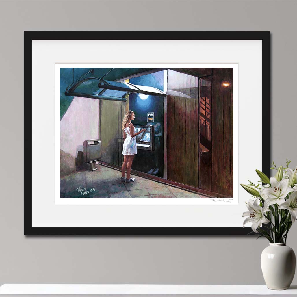 Fine Art print The Cashpoint Machine by Theo Michael, an Edward Hopper style oil painting.