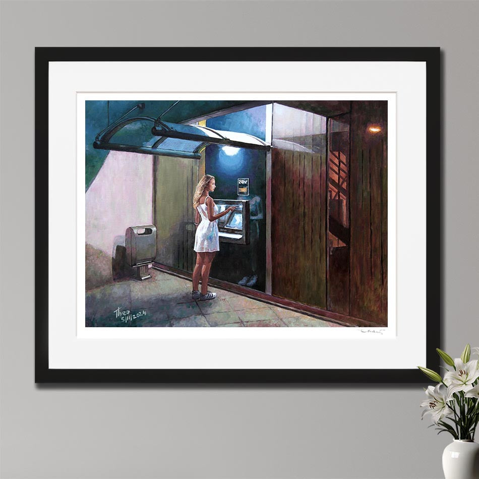 Fine Art print The Cashpoint Machine by Theo Michael, an Edward Hopper style oil painting.