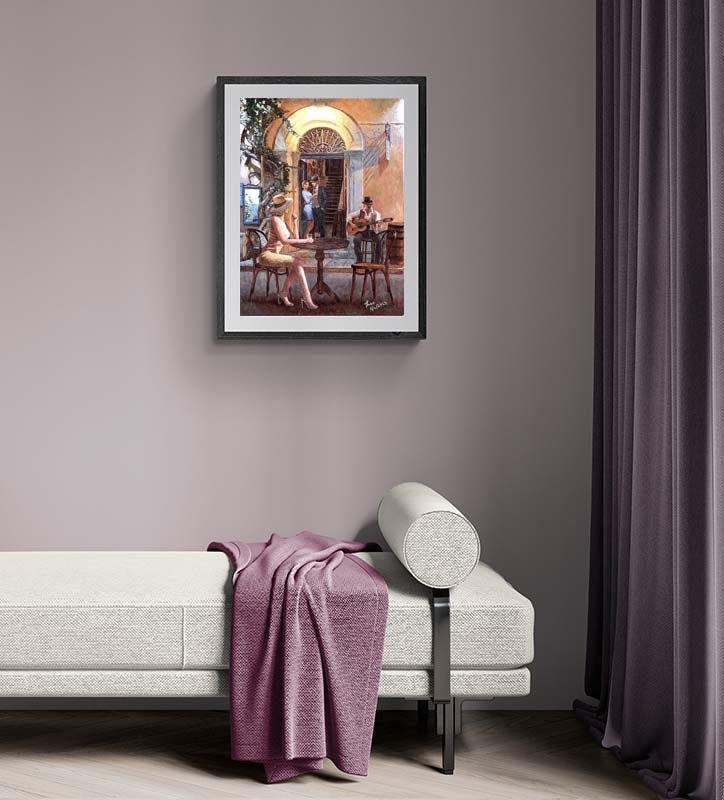 Fine Art print of the oil painting The Guitar Player by Theo Michael a Cafe and Bar painting featuring a beautiful entrance to the restaurant night