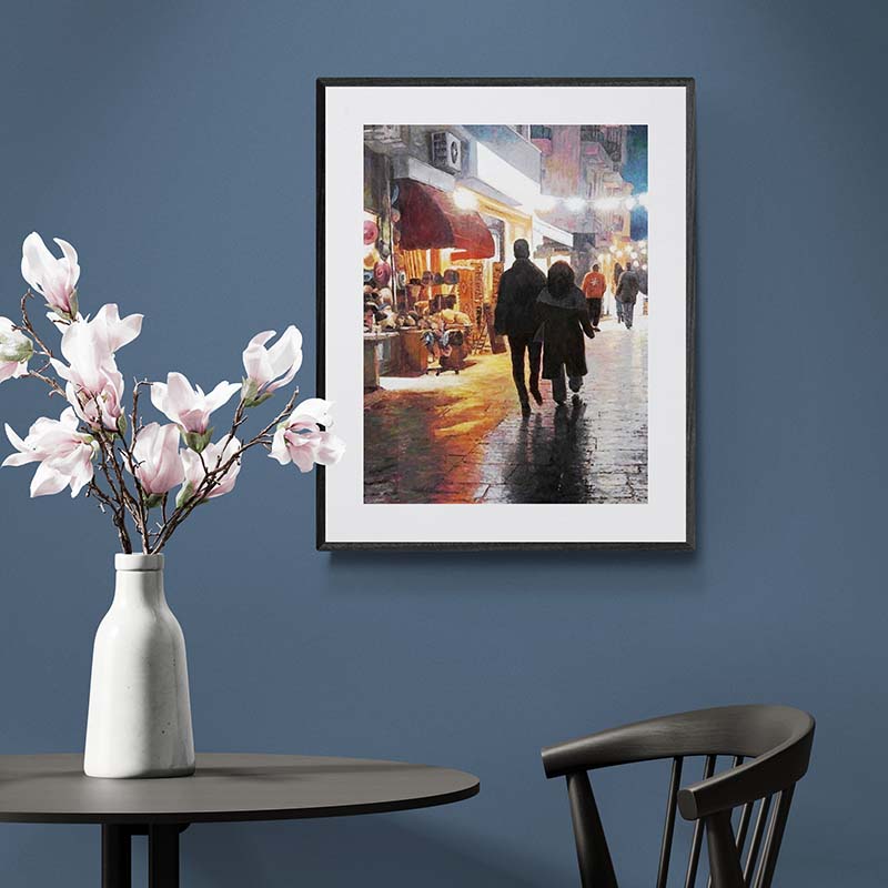 Fine Art Print of a wet street painting in Athens by Theo Michael. A night scene with beautiful reflections