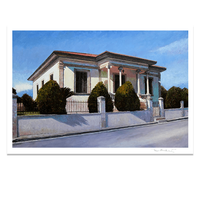Fine art print of an imposing Cyprus mansion lit by summer sunshine. After an original oil painting by Theo Michael titled House In Summer Light.