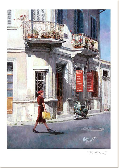 Fine Art Print green vespa outside old traditional building in Larnaca Cyprus by Theo Michael