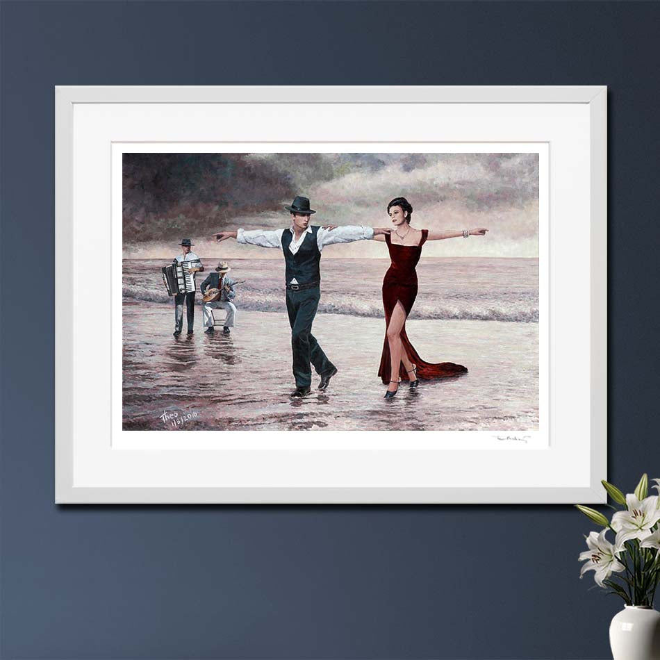 Beach painting Fine Art Print, titled The Beach Quartet Lady In Red by Theo Michael featuring a couple dancing by the beach.