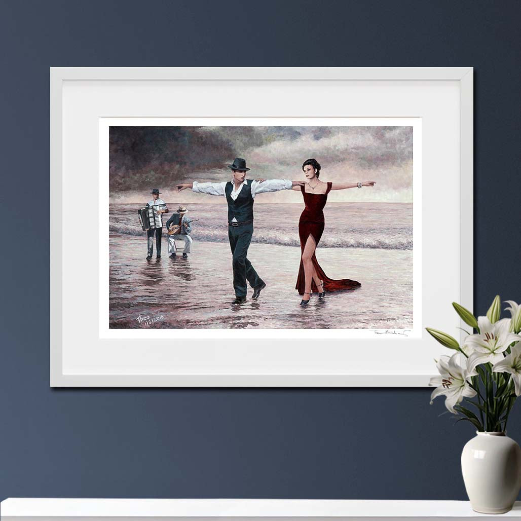 Beach painting Fine Art Print, titled The Beach Quartet Lady In Red by Theo Michael