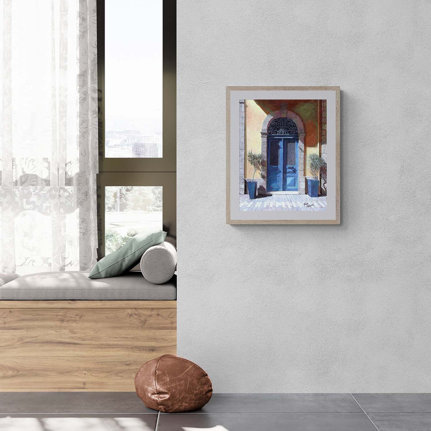 Fine Art print of an oil painting, the leventis museum Nicosia, a blue door painting by Theo Michael