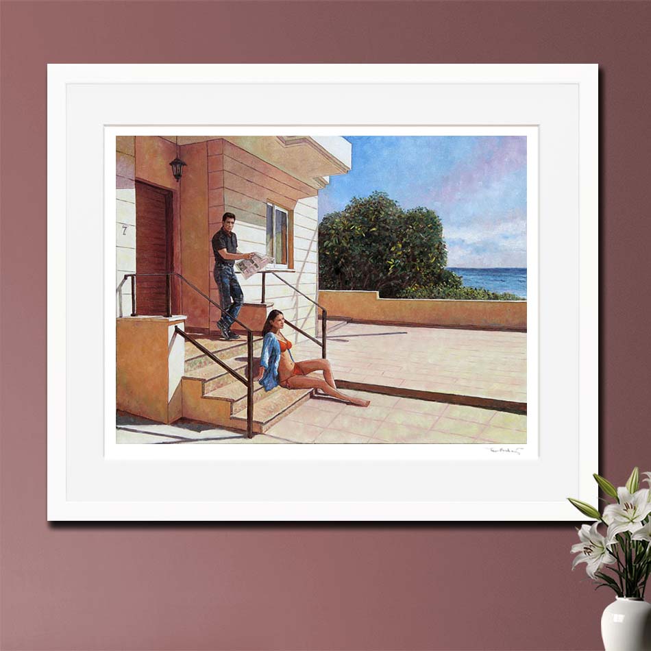 Edward Hopper Inspired framed Fine Art Print of a couple outside their seaside house. Original oil painting by Theo Michael
