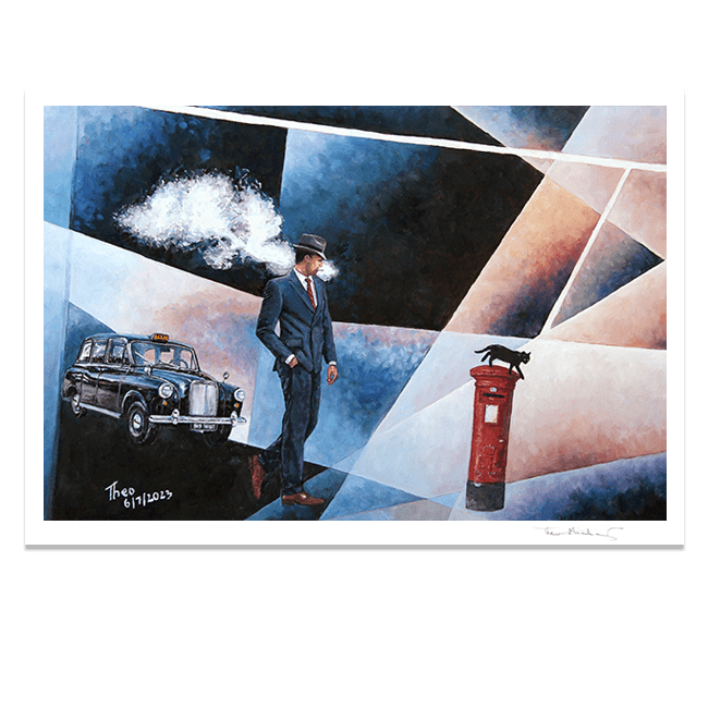 Hand signed Fine Art print of the oil painting Keep Walking by Theo Michael, a surreal film noir style painting with a London cab and an iconic London letter box.