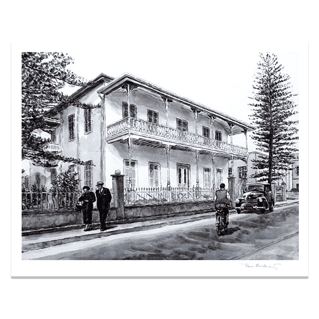 Fine Art Printt of a nostalgic black and white Larnaca painting of a large house, The Pierides Museum in Larnaca painted by THeo Michael.