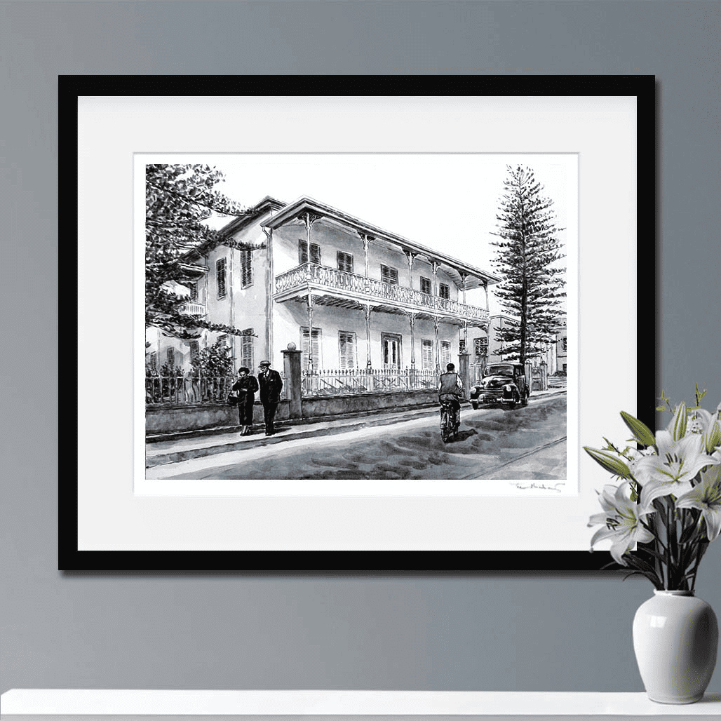 Framed Fine Art Printt of a nostalgic black and white Larnaca painting of a large house, The Pierides Museum in Larnaca by THeo Michael