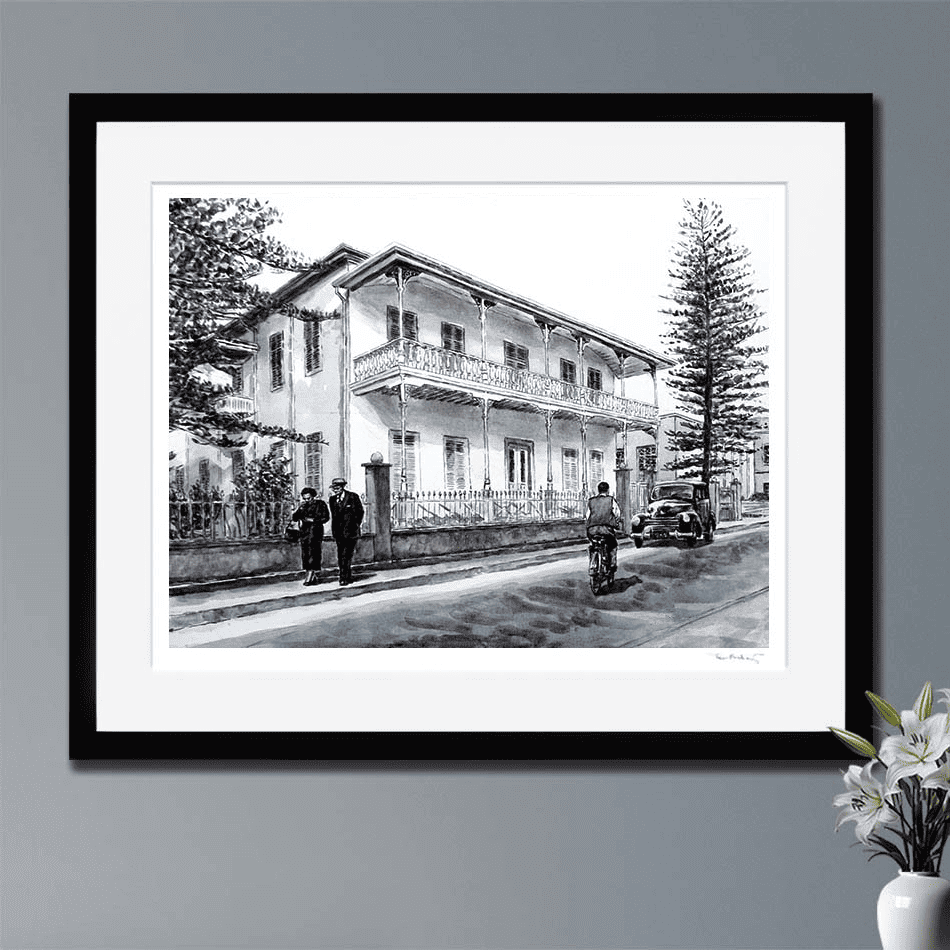 Fine ARt Printt of a nostalgic black and white Larnaca painting of a large house, The Pierides Museum in Larnaca by THeo Michael