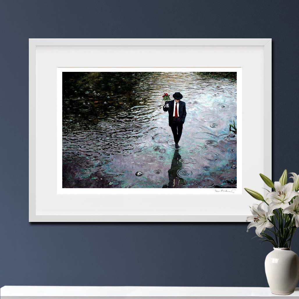 Fine Art Print Romance Isn't Dead by Theo Michael, best selling painting of a guy trodding through water in the rain with bunch of roses in his hand. An art noir painting evoking strong emotions.