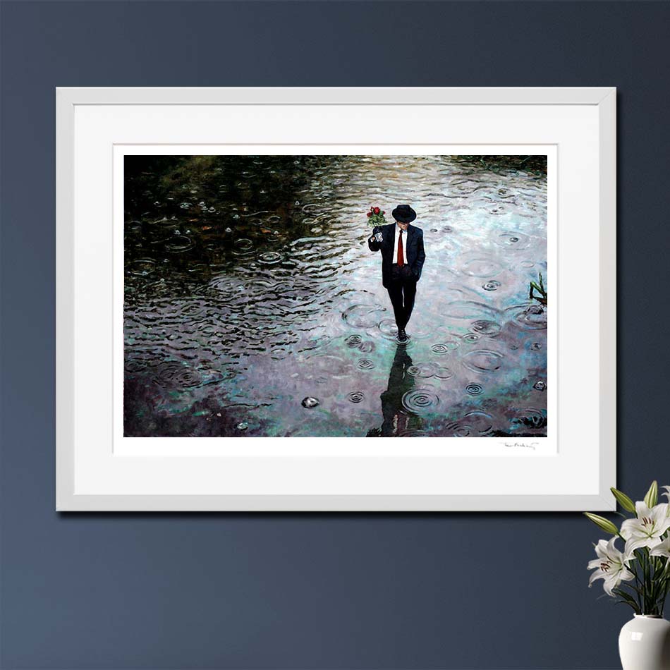 Fine Art Print Romance Isn't Dead painted by Theo Michael, best selling painting of a guy trodding through water in the rain with bunch of roses in his hand. An art noir painting evoking strong emotions.