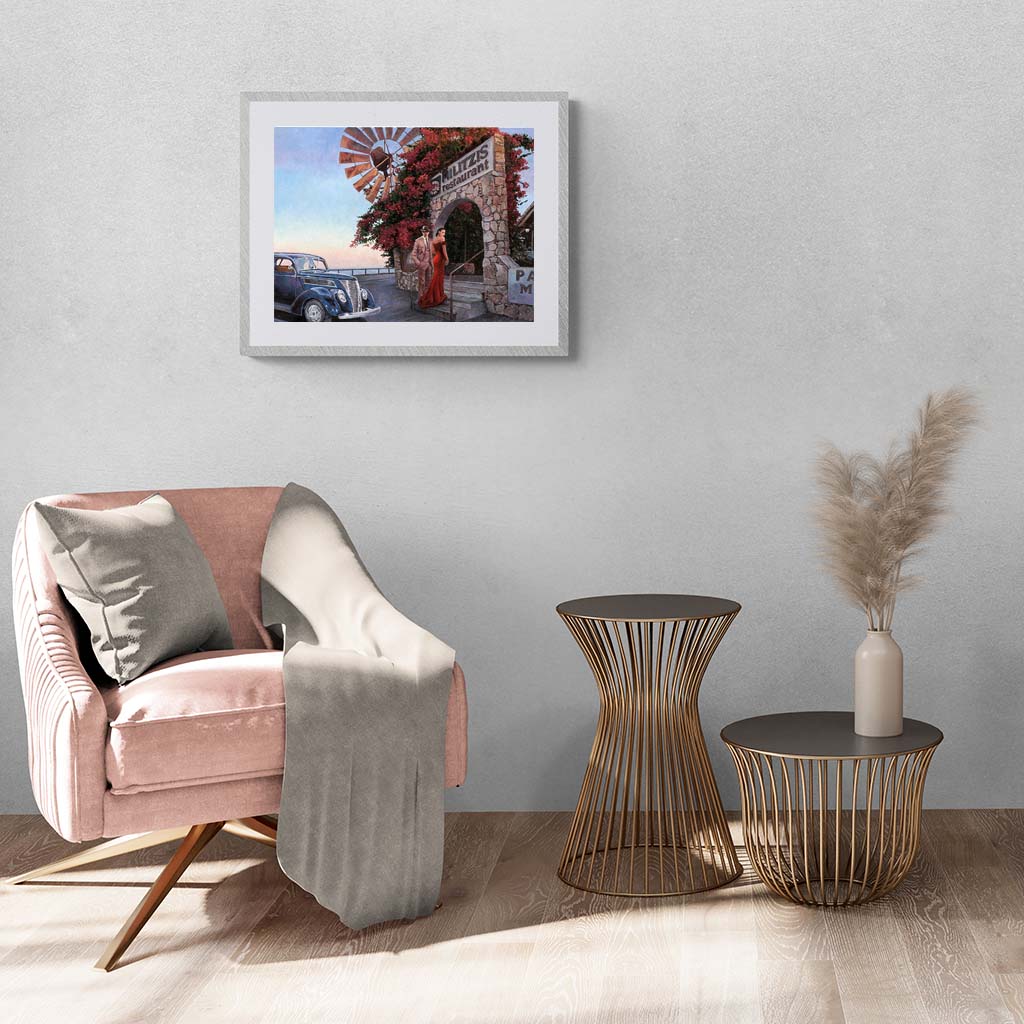 Fine Art Print of a Restaurant oil painting by Theo Michael titled Militzis The Sunset Proposal