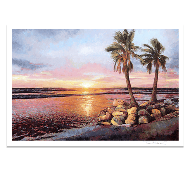 Fine Art print  Sunset by The Sea by Theo Michael, an oil painting featuring a vibrant sunset of orange, pink and yellow.