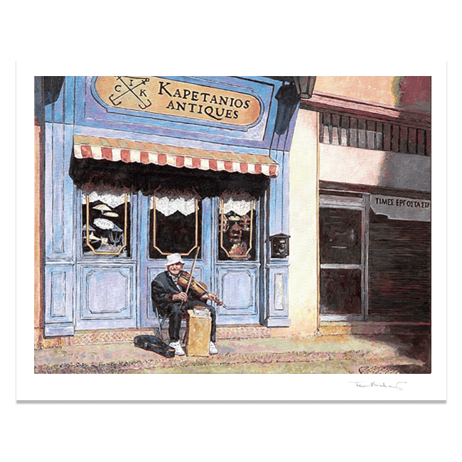Hand signed Fine Art Print, The Antique Store by Theo Michael featuring an elderly man playing the violin outside the shop