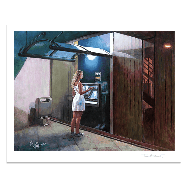 Fine Art print The Cashpoint Machine by Theo Michael, an Edward Hopper style oil painting featuring the ATM of the Cyprus Bank in Larnaca.