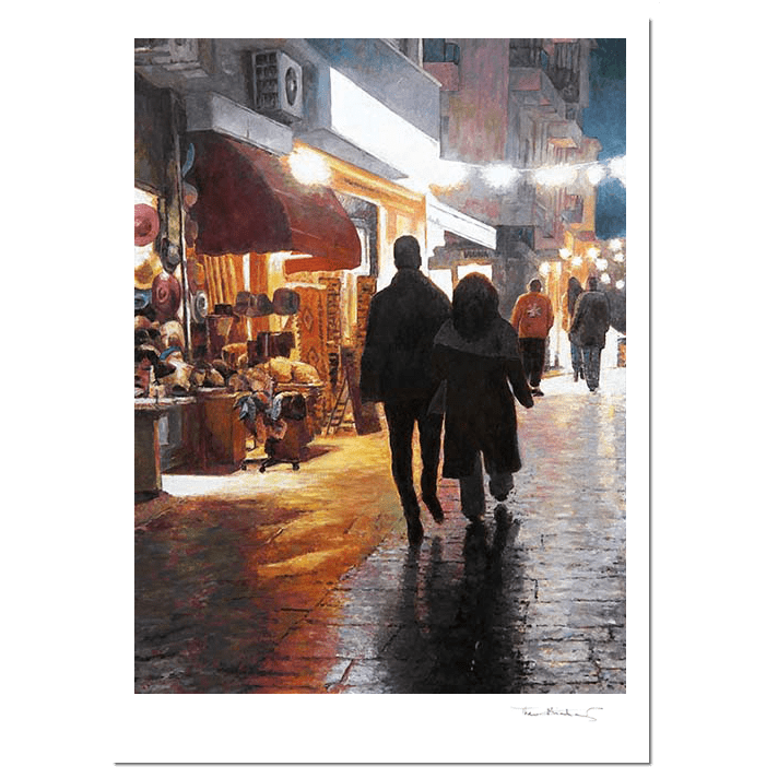 Fine Art print of a wet street painting in Athens by Theo Michael. A night scene with beautiful reflections