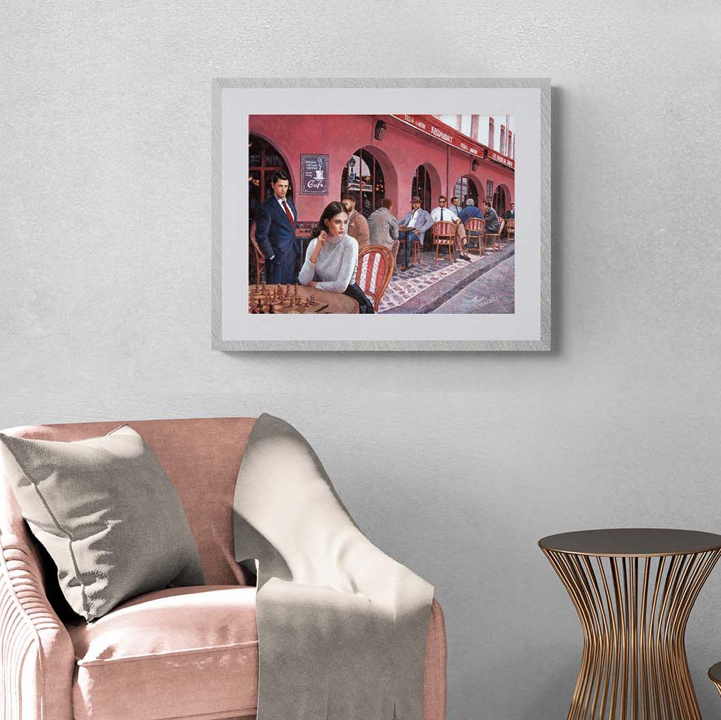 Fine Art Print of a Chess painting by Theo Michael featuring the outside of a coffee shop