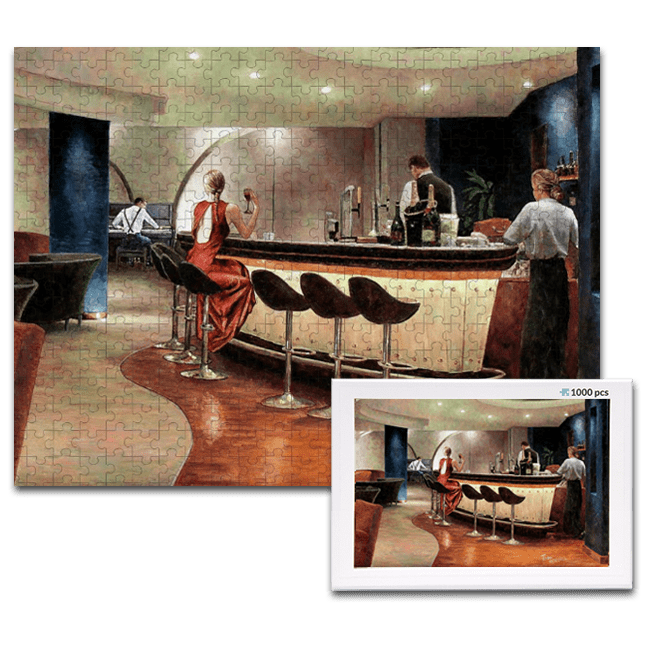 jigsaw puzzle, an art design puzzle after the oil painting Alone At The Bar by Theo Michael, includes box