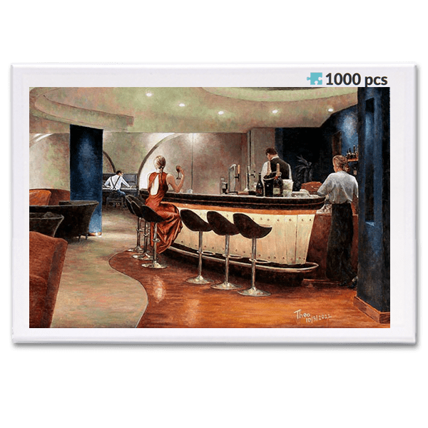 jigsaw puzzle, an art design puzzle after the oil painting Alone At The Bar by Theo Michael, includes box