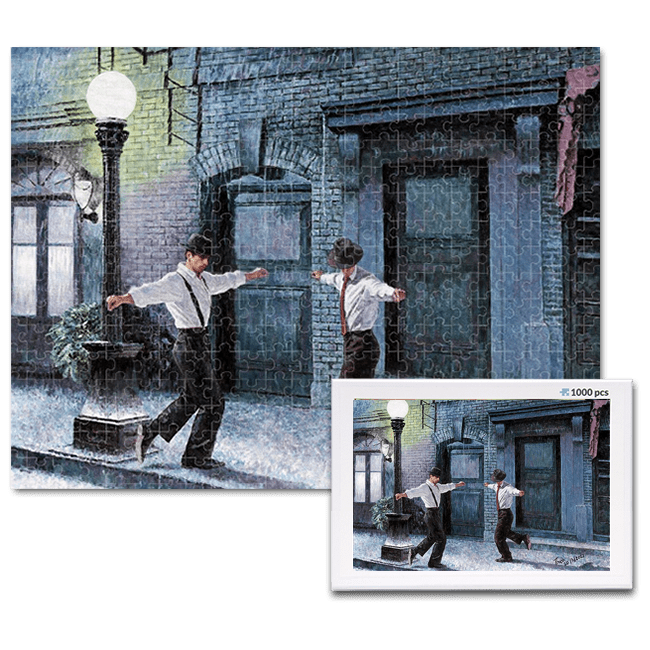 jigsaw puzzle, an art design puzzle after the oil painting Dancing In The Rain by Theo Michael, includes box