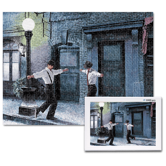jigsaw puzzle, an art design puzzle after the oil painting Dancing In The Rain by Theo Michael, includes box